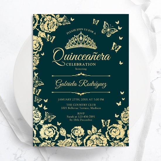 Emerald Green Gold Roses Butterflies Quinceanera