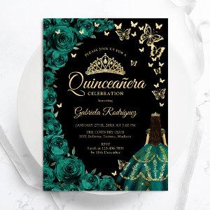 Emerald Green Gold Roses Butterflies Quinceanera