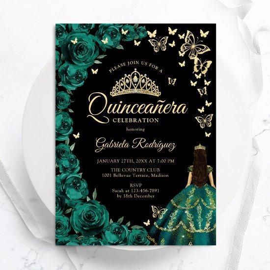 Emerald Green Gold Roses Butterflies Quinceanera