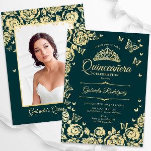 Emerald Green Gold Roses Quinceanera Photo