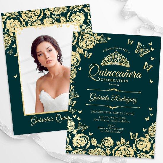 Emerald Green Gold Roses Quinceanera Photo
