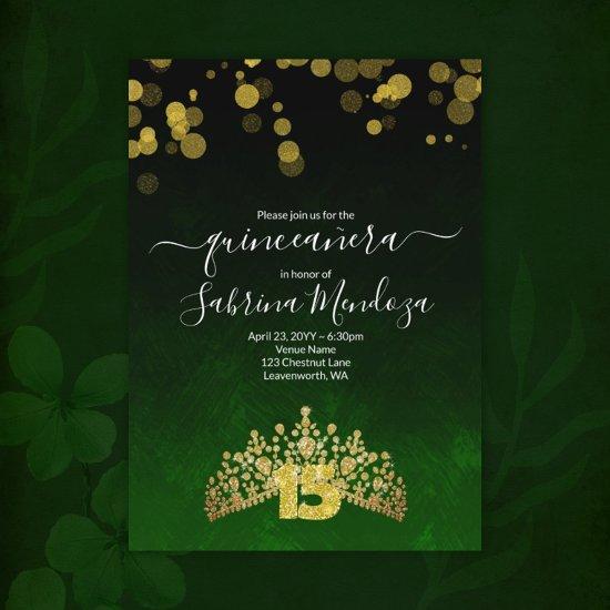 Emerald Green, Gold Tiara Quinceanera