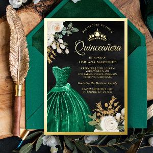 Emerald Green Gown Floral Black Quinceanera Gold Foil