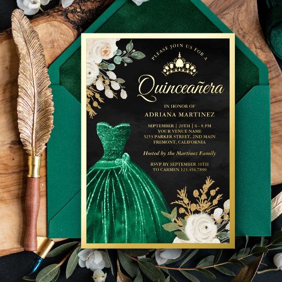 Emerald Green Gown Floral Black Quinceanera Gold Foil