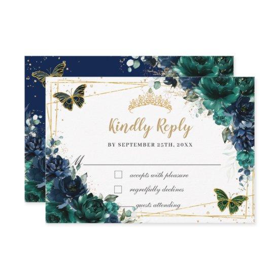 Emerald Green Navy Floral Butterflies Quinceañera RSVP Card