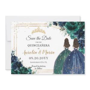 Emerald Green Navy Floral Princesses Quinceañera Save The Date