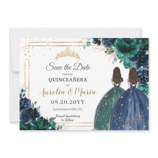 Emerald Green Navy Floral Princesses Quinceañera Save The Date