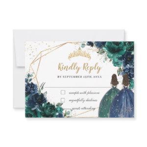 Emerald Green Navy Floral Twins Quinceañera Reply RSVP Card