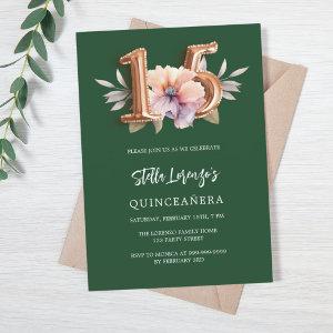 Emerald green pink peach floral Quinceanera