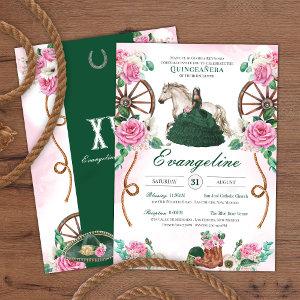 Emerald Green Pink Rose Charro Western Quinceañera
