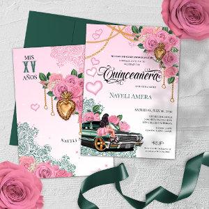 Emerald Green Pink Rose Lowrider Chola Quinceanera