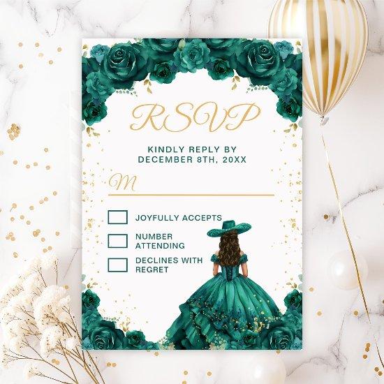 Emerald Green Princess Floral Charro Quinceañera RSVP Card