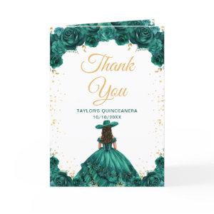 Emerald Green Princess Floral Charro Quinceañera Thank You Card