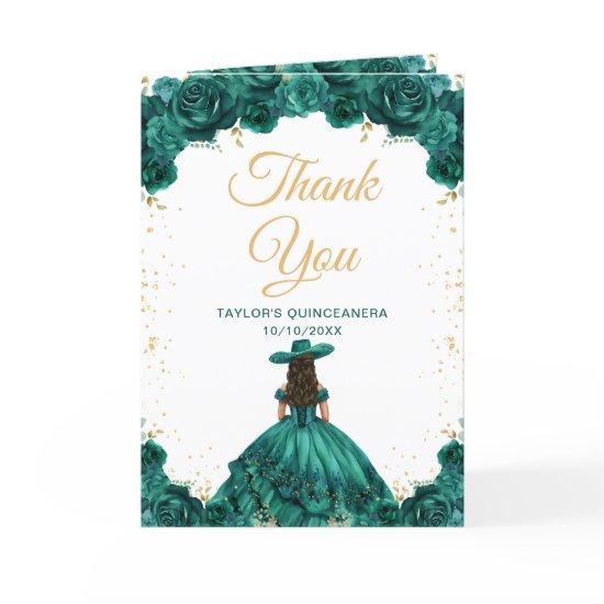 Emerald Green Princess Floral Charro Quinceañera Thank You Card