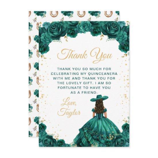 Emerald Green Princess Floral Charro Quinceañera Thank You Card