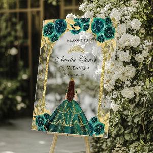 Emerald Green Princess Floral Quinceañera Birthday Acrylic Sign