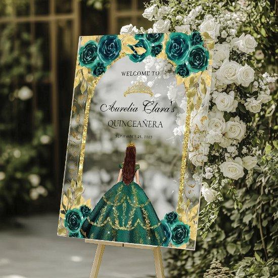 Emerald Green Princess Floral Quinceañera Birthday Acrylic Sign