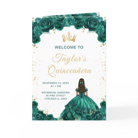 Emerald Green Princess Floral Quinceañera Program