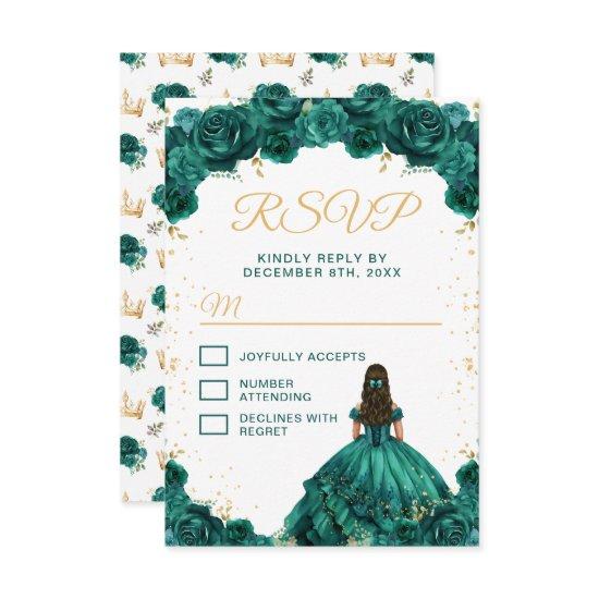Emerald Green Princess Floral Quinceañera RSVP Card