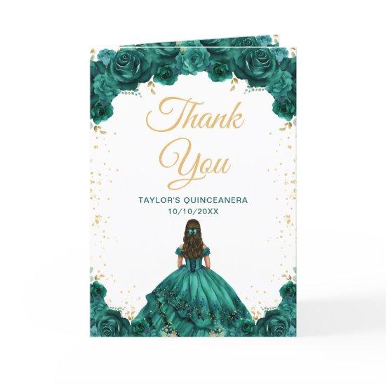 Emerald Green Princess Floral Quinceañera Thank You Card