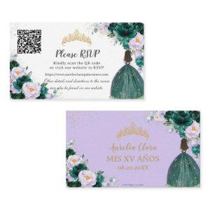 Emerald Green Purple Floral Quinceañera QR Code Enclosure Card