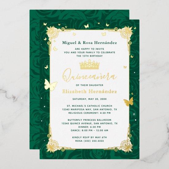 Emerald Green Quinceañera Elegant Butterfly Foil