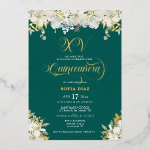 Emerald Green Quinceañera Floral Gold Foil