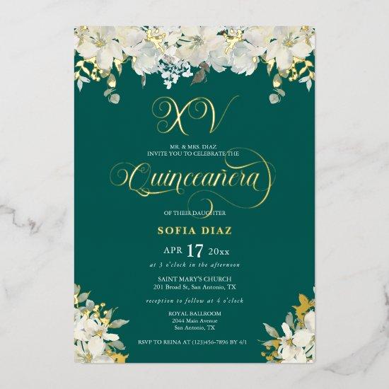 Emerald Green Quinceañera Floral Gold Foil