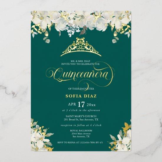 Emerald Green Quinceañera Floral Gold   Foil