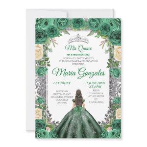 Emerald Green Quinceanera Silver Crown Glitter