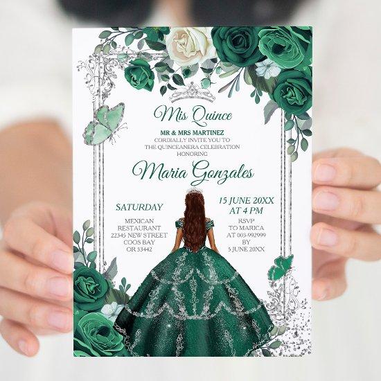 Emerald Green Quinceanera Silver Crown Glitter