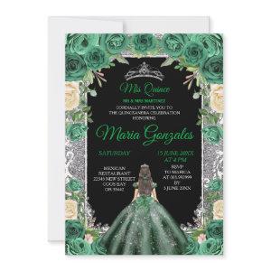 Emerald Green Quinceanera Silver Crown Glitter