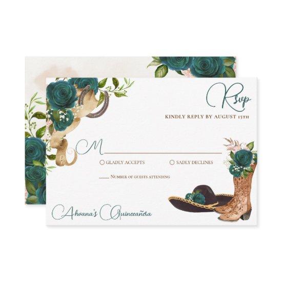 Emerald Green Rose Charro Western Quinceanera RSVP Card