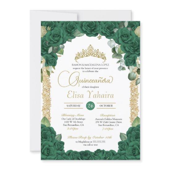 Emerald Green Rose Floral and Gold Quinceanera