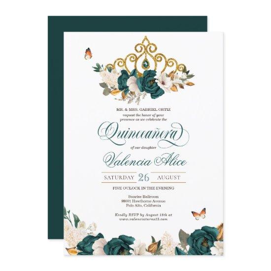Emerald Green Roses Butterfly Tiara Quinceanera