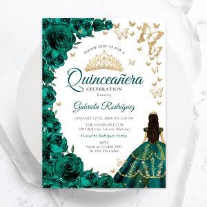 Emerald Green Roses Floral Gold White Quinceanera