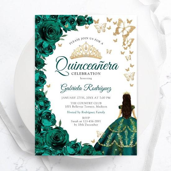 Emerald Green Roses Floral Gold White Quinceanera