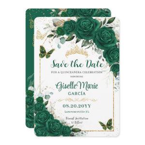 Emerald Green Roses Floral Quinceañera Butterflies Save The Date