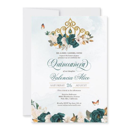 Emerald Green Roses Gold Tiara Butterfly Quince