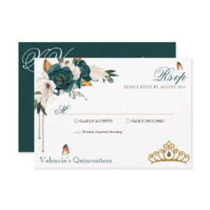 Emerald Green Roses Gold Tiara Quinceanera RSVP Card