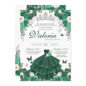 Emerald Green Roses & Silver Butterfly Quinceanera