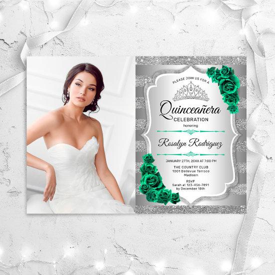 Emerald Green Roses Silver Photo Quinceanera