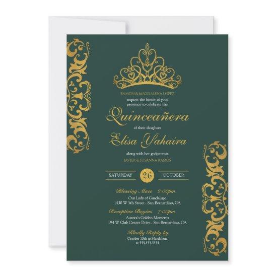 Emerald Green Royal Gold Elegant Crown Quinceañera