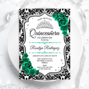 Emerald Green Silver Elegant Damask Quinceanera