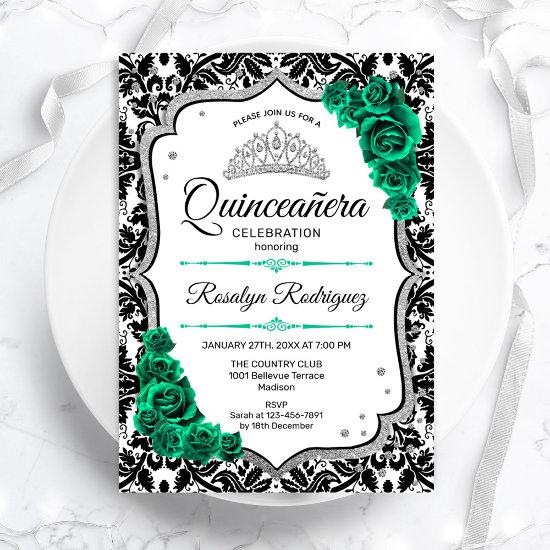 Emerald Green Silver Elegant Damask Quinceanera