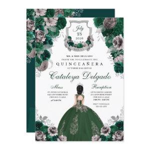 Emerald Green & Silver Floral Elegant Quinceañera