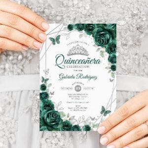 Emerald Green Silver Floral Quinceanera
