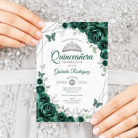 Emerald Green Silver Floral Quinceanera