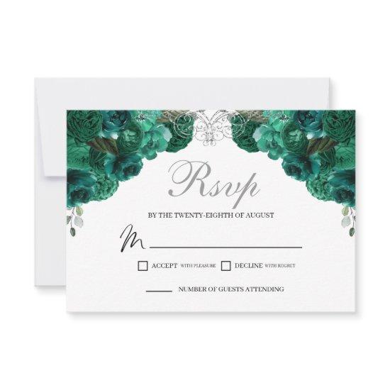 Emerald Green & Silver Floral RSVP Enclosure Card