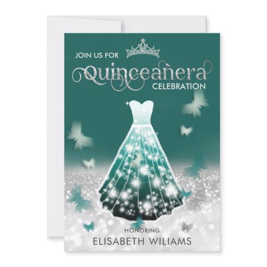 Emerald Green silver glitter dress butterfly Invit